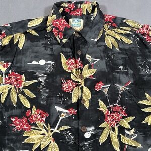 Kahala Pat Anderson Hawaiian Shirt Mens L Black Night Time Martini‎ Floral Rayon